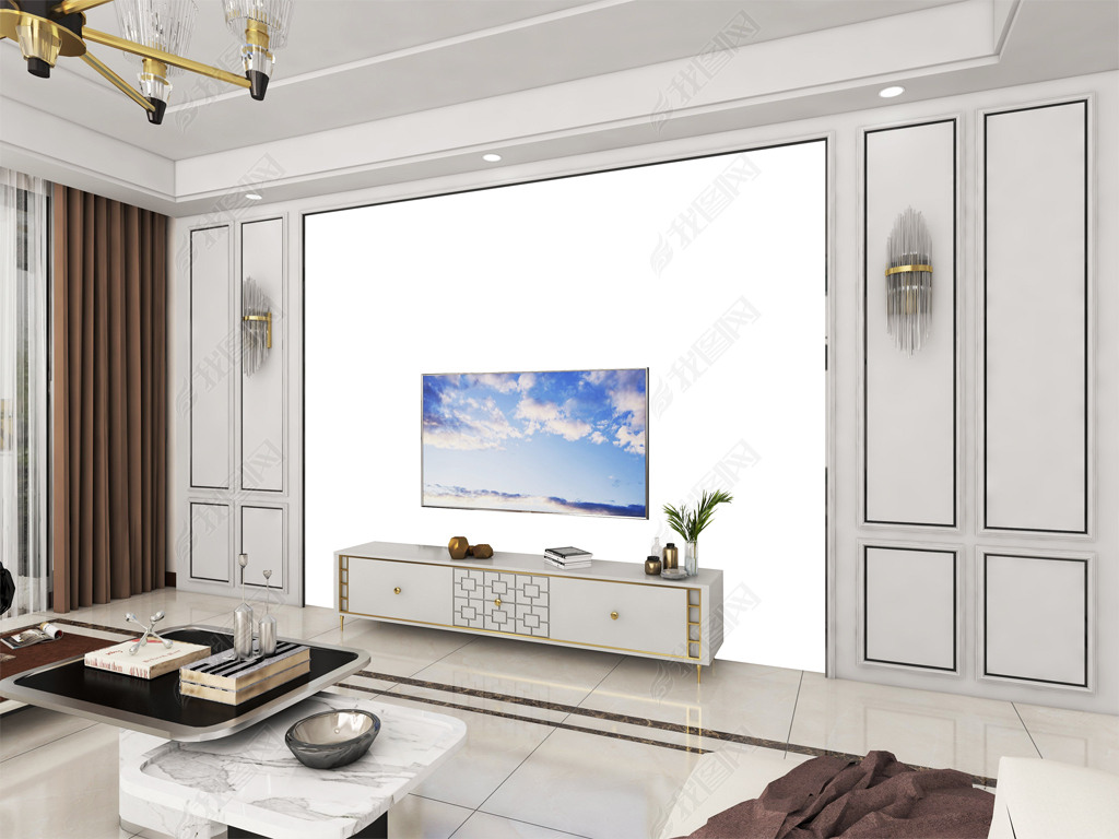 高清现代时尚护板电视背景墙样机带左右侧面效果