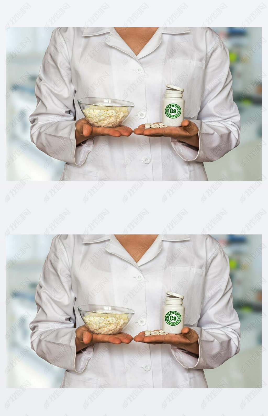 Young doctor holding curd and bottle of pills with vitamins and compare them