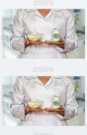 Young doctor holding curd and bottle of pills with vitamins and compare them