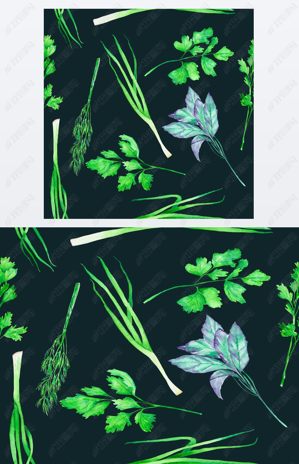 A seamless pattern with the watercolor spices: onion green, dill, parsley, cilantro and basil