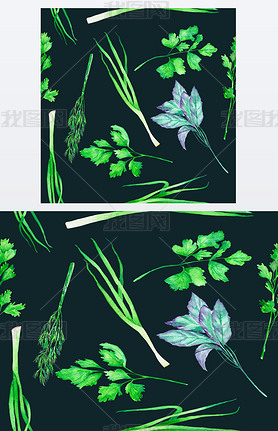 A seamless pattern with the watercolor spices: onion green, dill, parsley, cilantro and basil