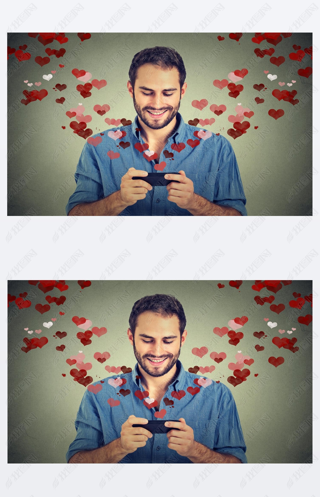 man sending love s message on mobile phone with hearts flying away