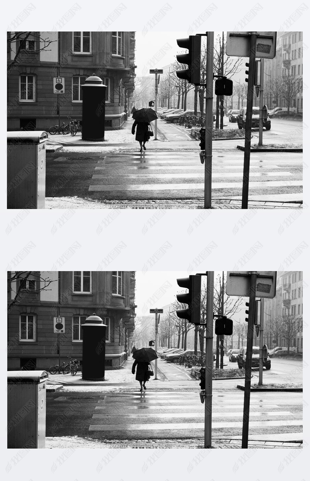 Old woman with umbrella crossing street