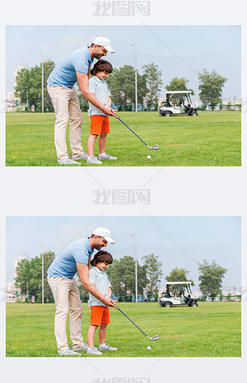 man teaching his son to play golf