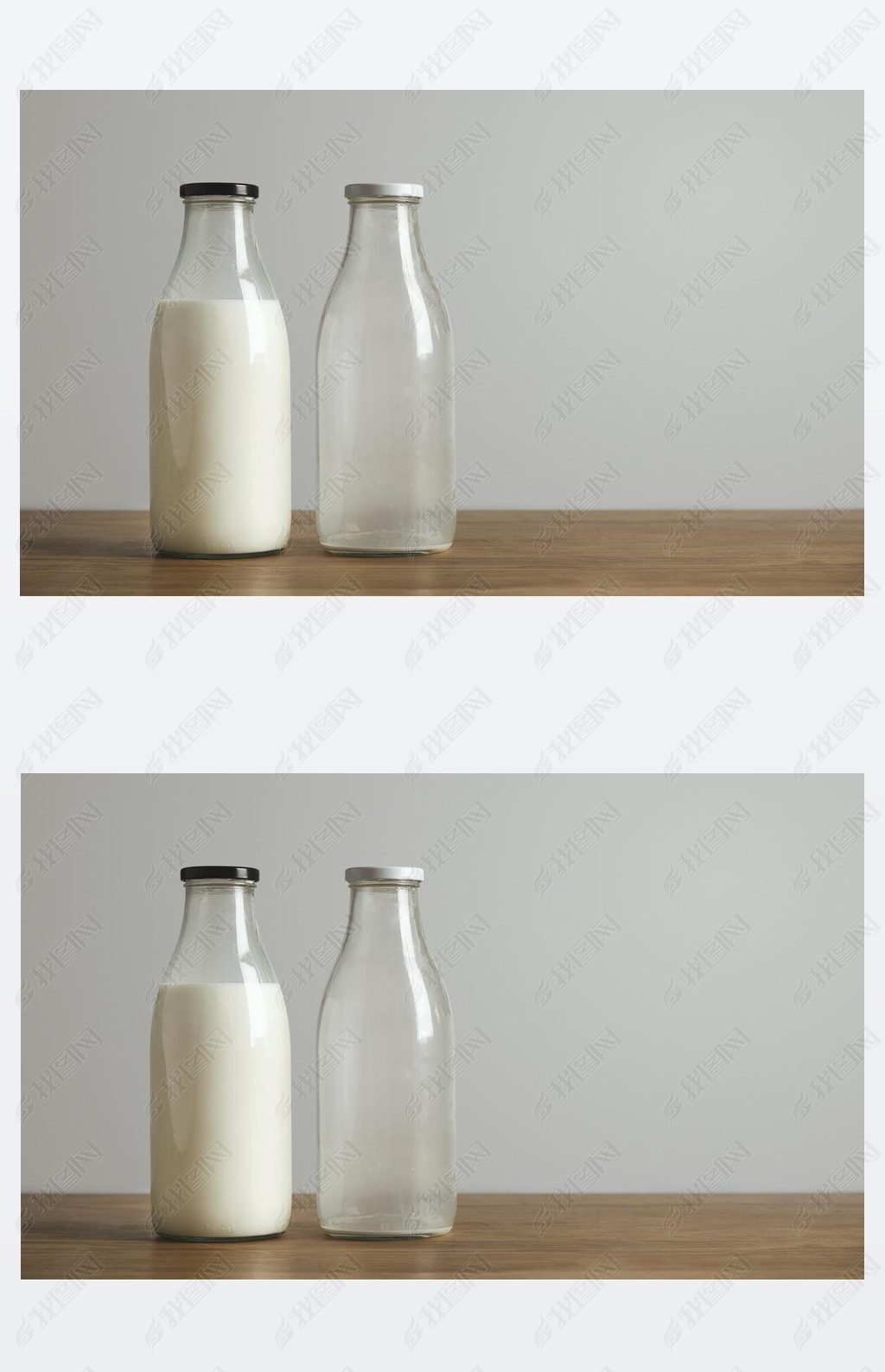 Simple vintage bottles with fresh milk and empty