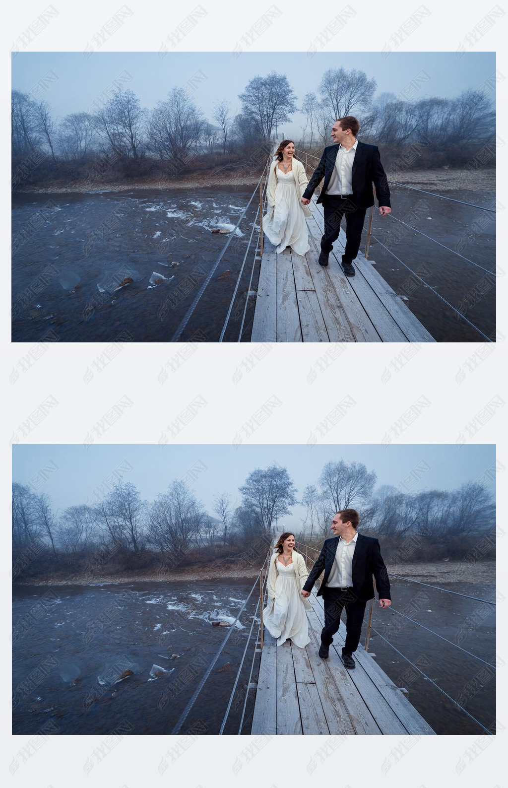 Happy wedding couple laughing and hing fun on the suspension bridge in mountains