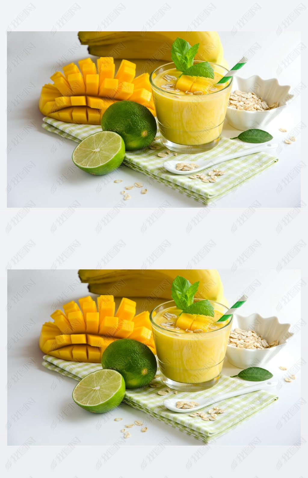 Yellow oothie in glasses with mango and tropical fruits