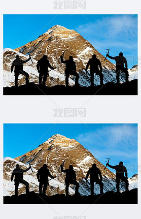 Evening view of Mount Everest and silhouette of climbers