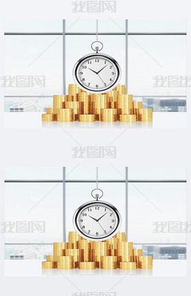 A composition of golden coins and hanging on the chain pocket watch. New York panoramic office on ba