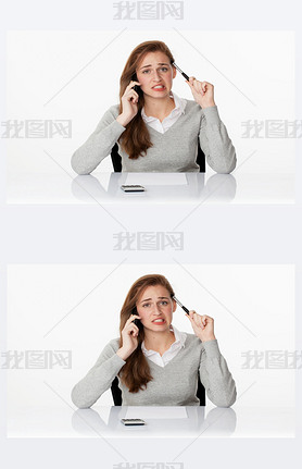 worried 20s business woman thinking on phone in white office