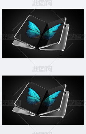 Concept of two foldable artphone folded and placed next to each other with butterfly image on scre