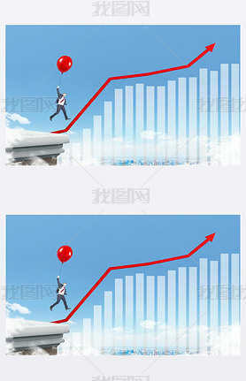 Businesan flying up on red balloon. Graphs and charts on sky background. Concept of growth.