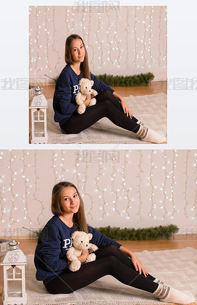 beautiful young girl in a sweatshirt and tights near the Christmas tree, Christmas lights in the bac