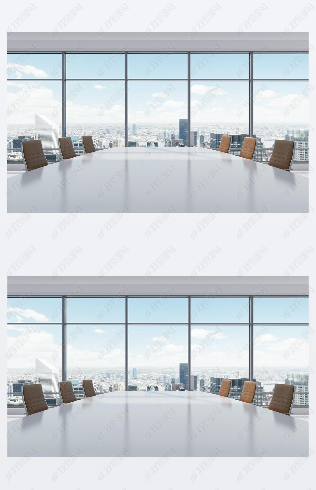 Panoramic conference room in modern office in New York City. Brown leather chairs and a table. 3D re