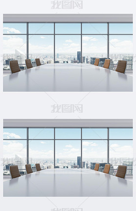 Panoramic conference room in modern office in New York City. Brown leather chairs and a table. 3D re