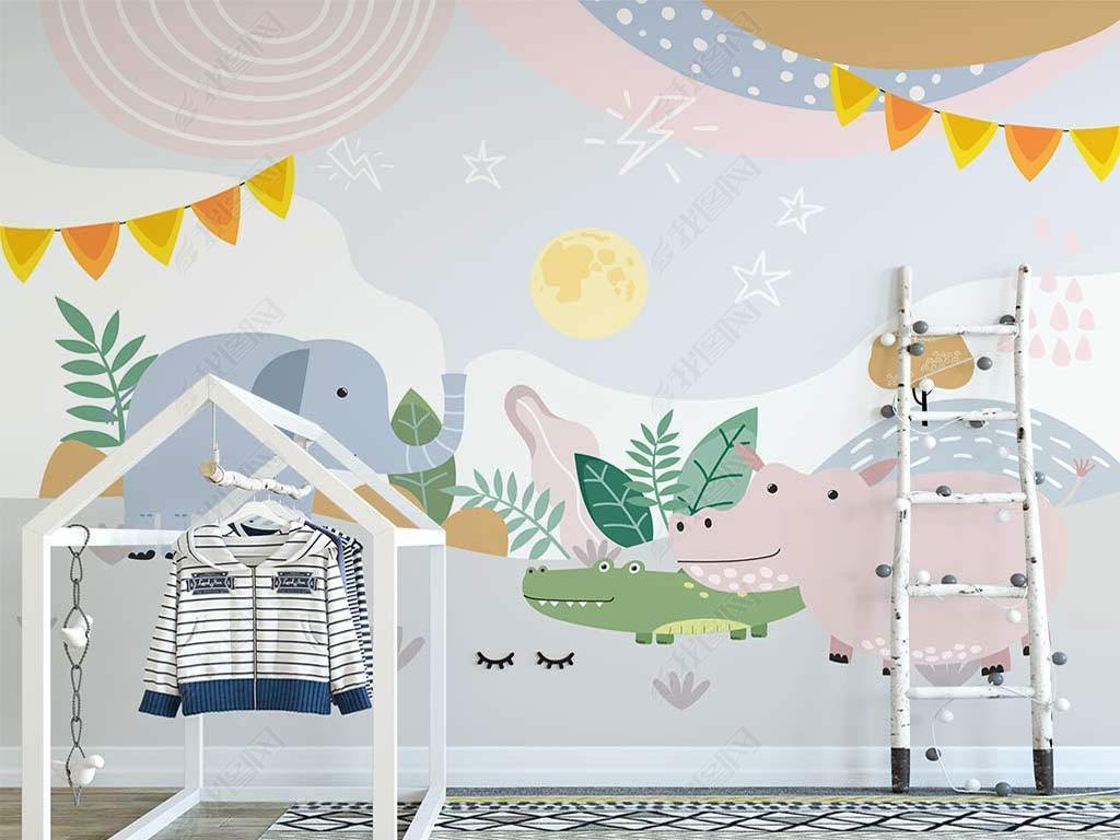 北欧ins手绘卡通小动物云朵星空儿童房背景墙