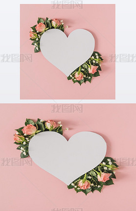 Heart shape paper card note with natural spring wild flowers, Women day and spring season minimal co