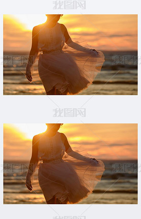 The silhouette of a slim girl in lush pink short skirt, standing