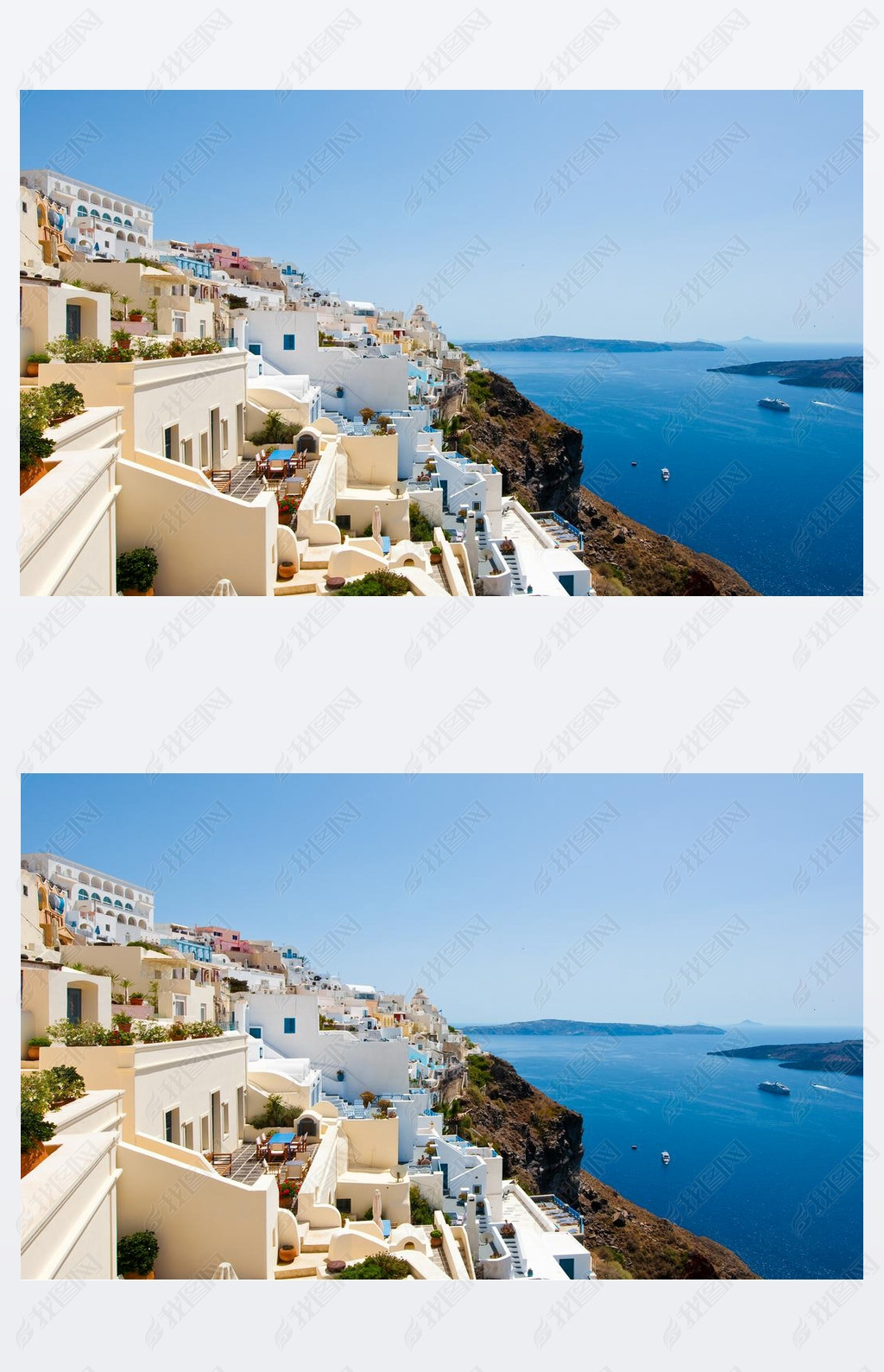 Panorama of Fira with whitewashed buildings carved into the rock on the edge of the caldera cliff on