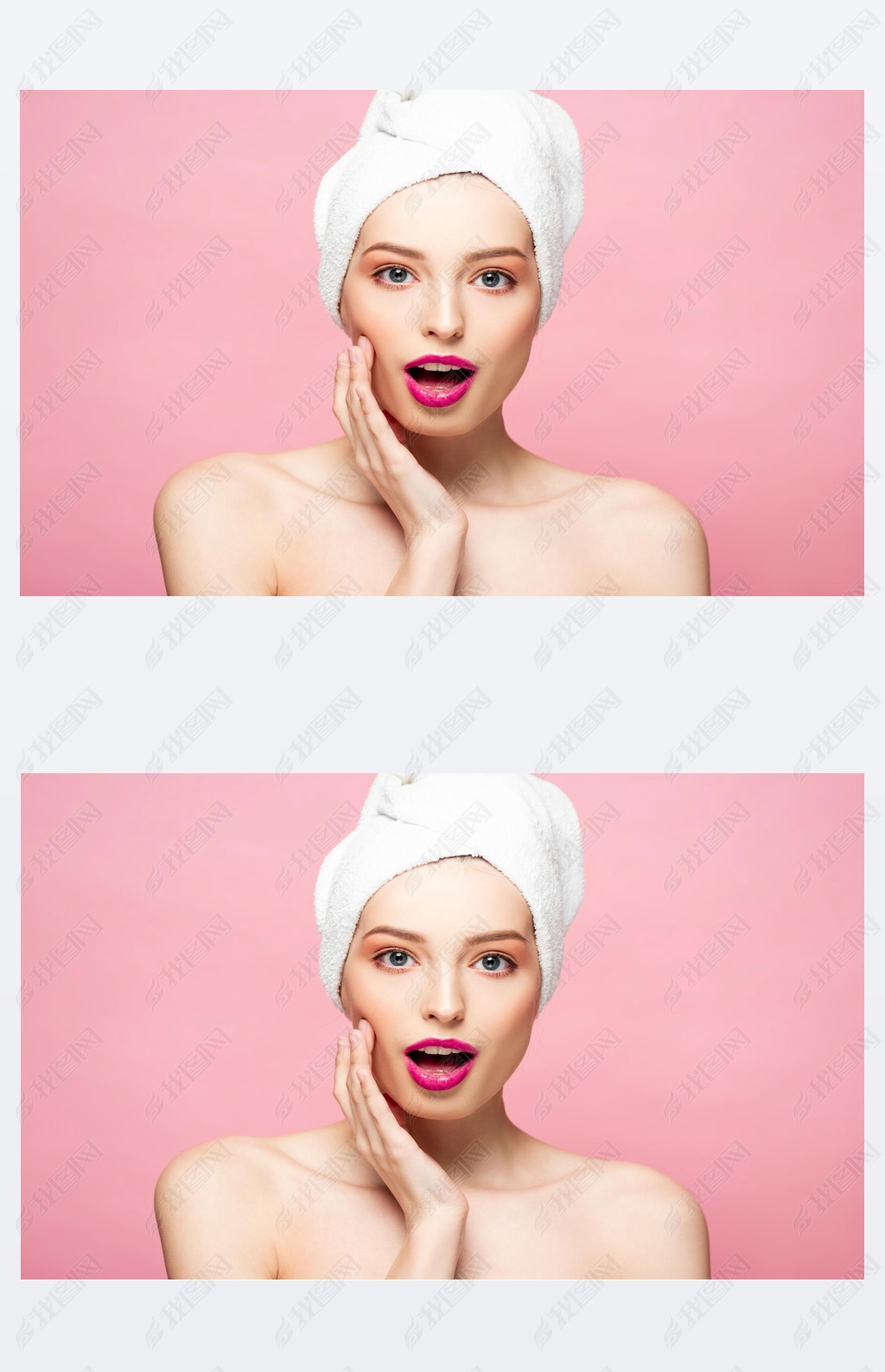 surprised and naked woman in white towel isolated on pink 