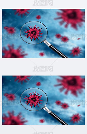 Healthcare concept with magnifying glass showing red virus bacteria