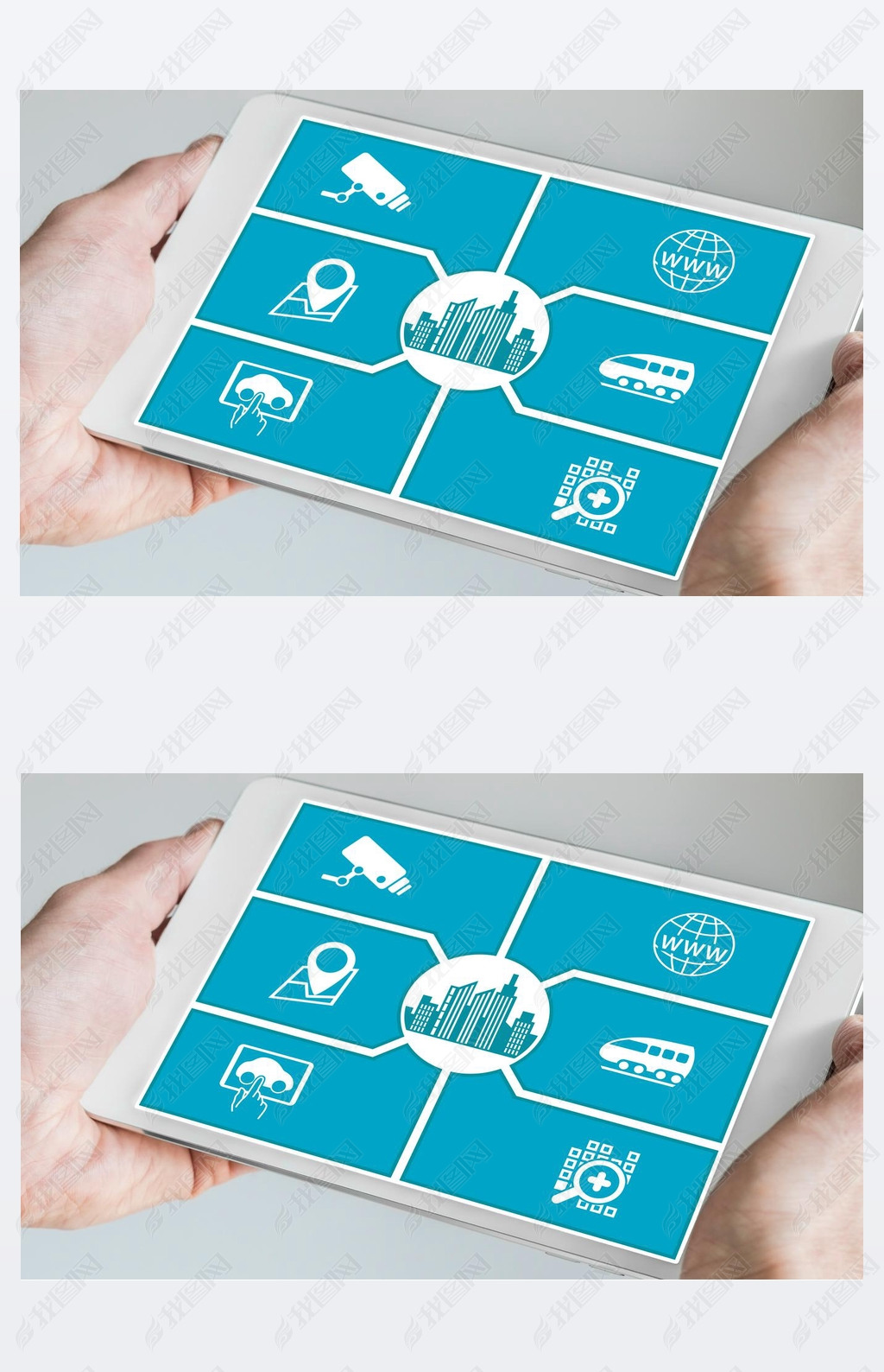 Smart city concept. Hand holding tablet or art phone with icons of connected devices.