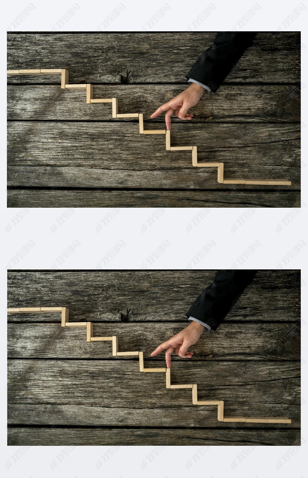 Businesan or student walking his fingers up wooden steps