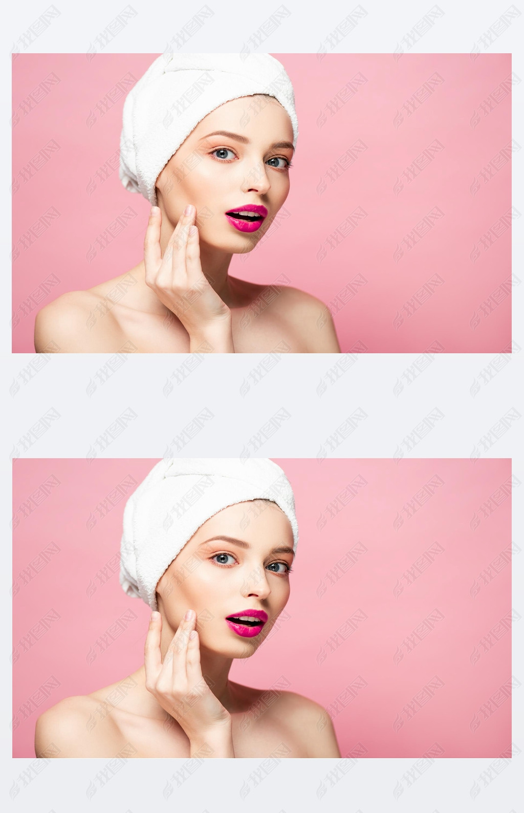 surprised naked woman in white towel isolated on pink 