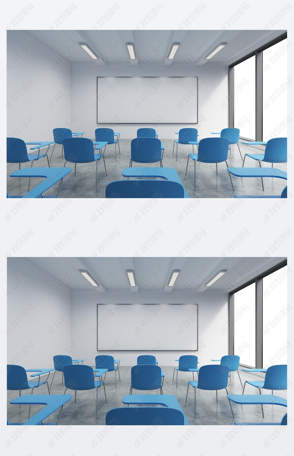 A classroom or presentation room in a modern university or fancy office. Blue chairs, a whiteboard o