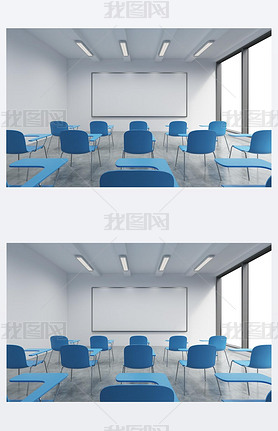 A classroom or presentation room in a modern university or fancy office. Blue chairs, a whiteboard o