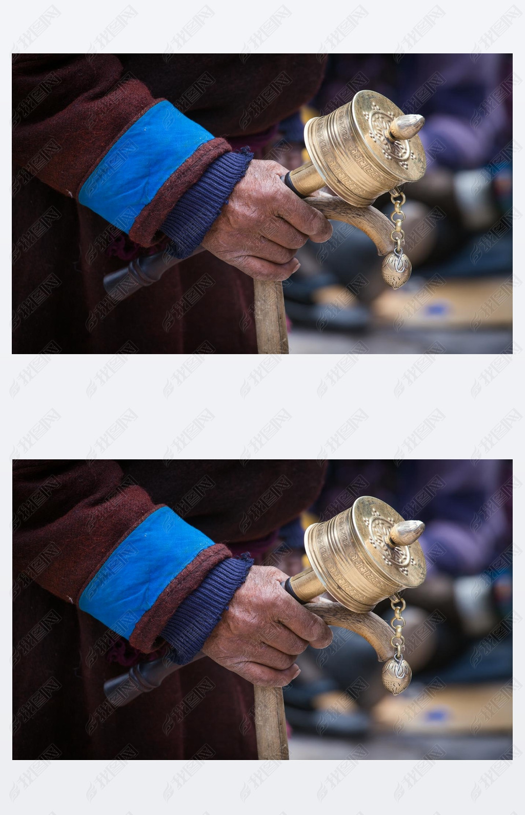 Old Tibetan man holding wooden walking stick and buddhist prayer wheel, Ladakh, India