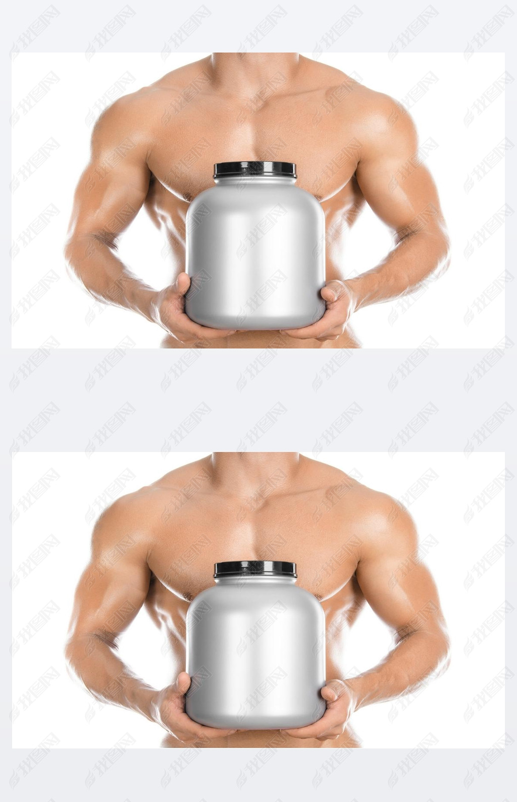 Bodybuilding and Sports theme: handsome strong bodybuilder holding a plastic jar with a dry protein 