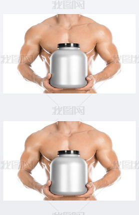 Bodybuilding and Sports theme: handsome strong bodybuilder holding a plastic jar with a dry protein 