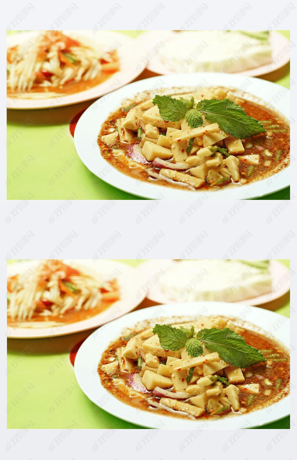 thai food, bamboo shoot spicy and papaya salad or som-tam 