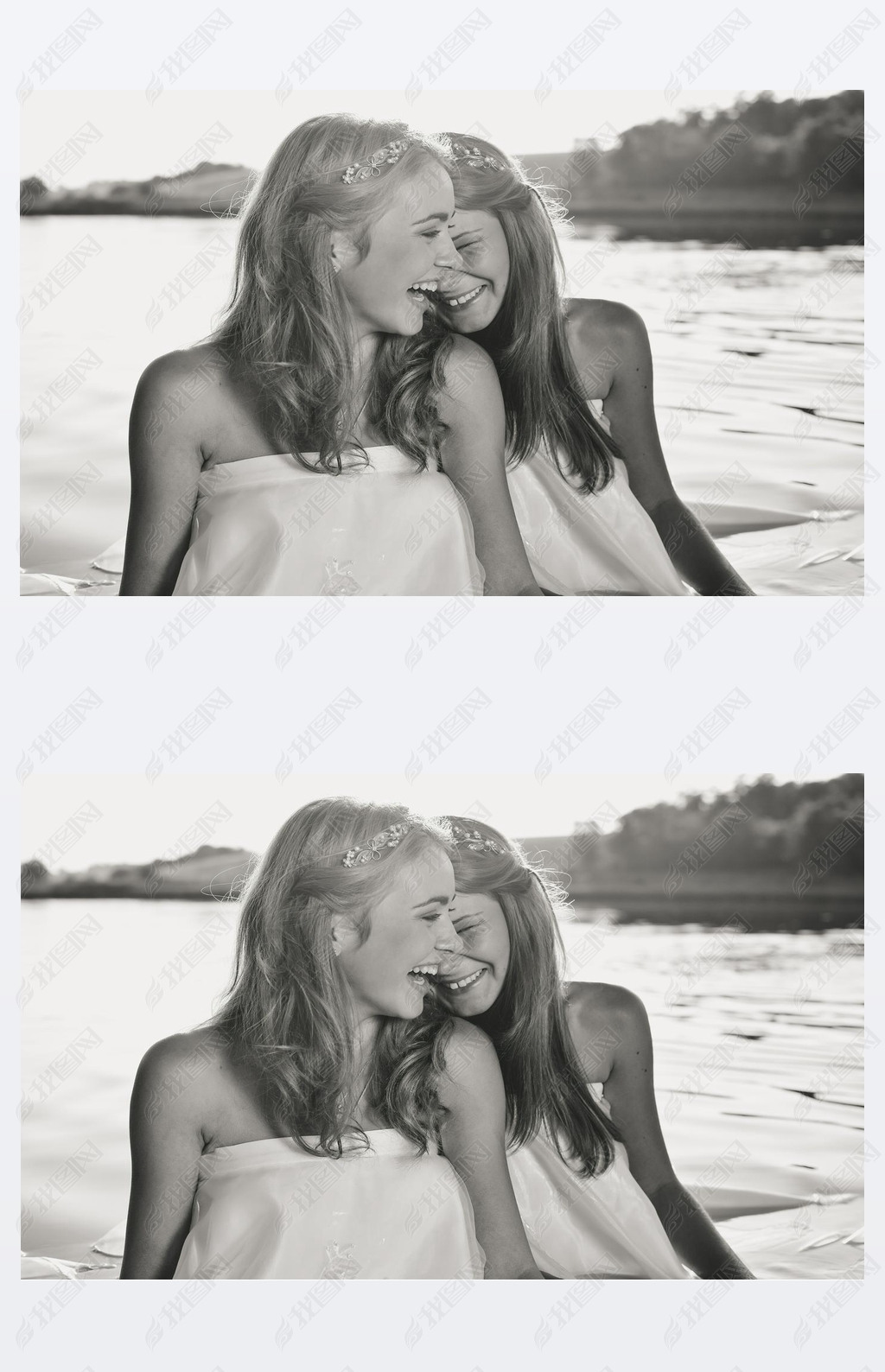 Black and white photography of 2 beautiful princess young ladies in white dresses on summer water ou