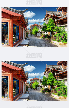 Scenic street in the Old Town of Lijiang. Yunnan province, China