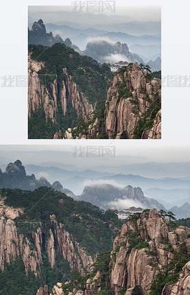 Huangshan mountain and Chinese style house at Yellow Mountain. China, Asia