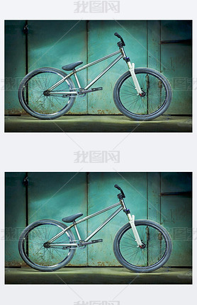 Silver bicycle on a green garage background