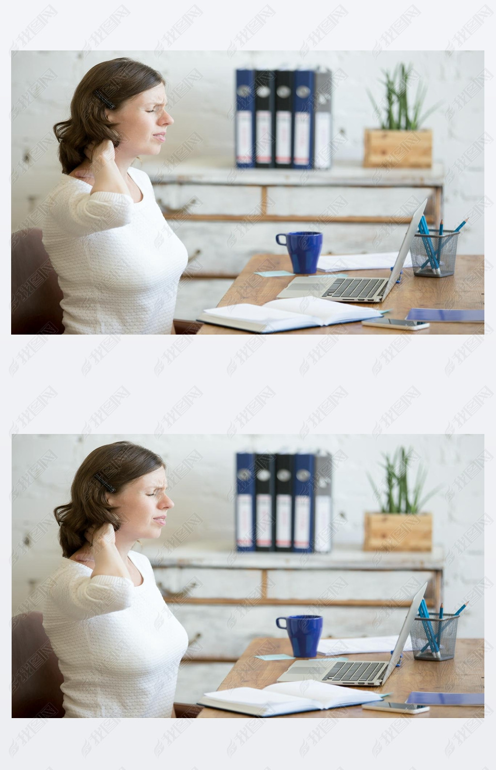 Young office woman feeling pain in the neck