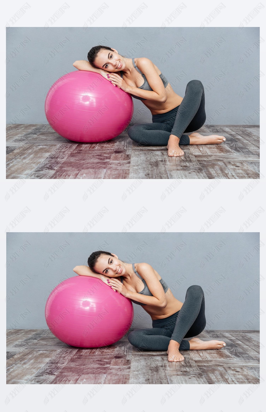 Young beautiful fitness girl with pink ball isolated on grey