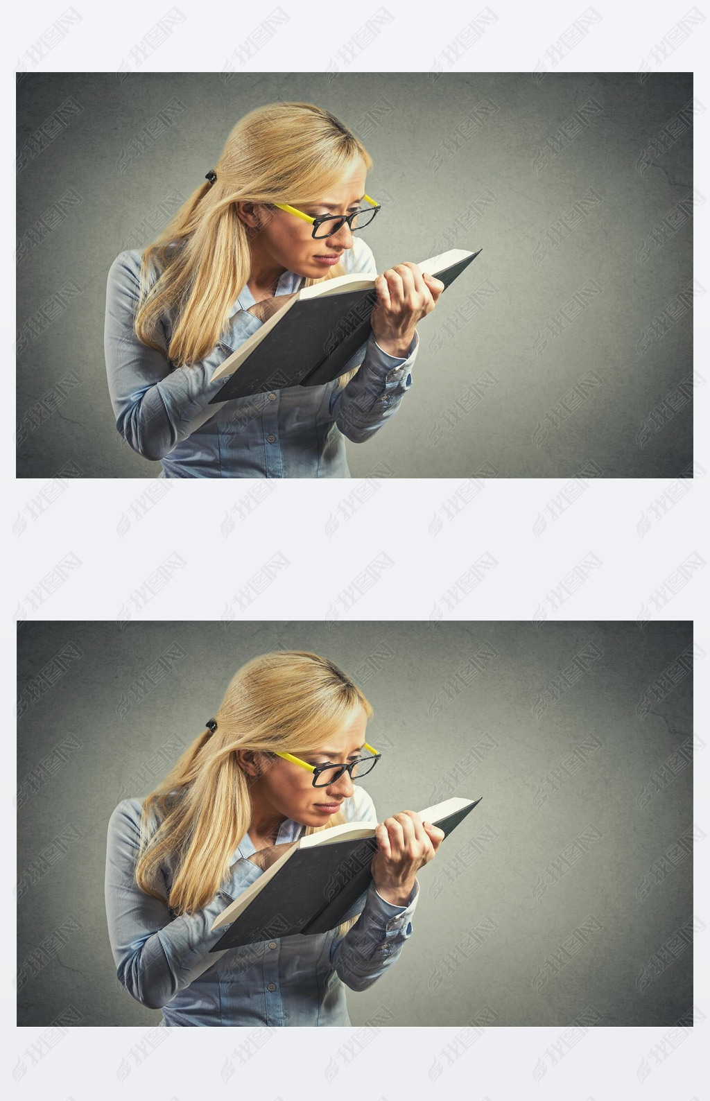 woman with eye glasses trying read book, has bad vision