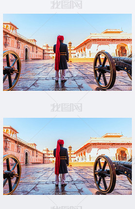 Jaipur City Palace Guard in his traditonal uniform, India.