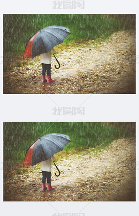 happy baby girl with  umbrella in the rain runs through