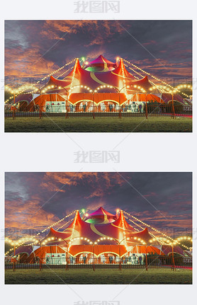 Night view of a circus tent under a warn sunset and chaotic sky