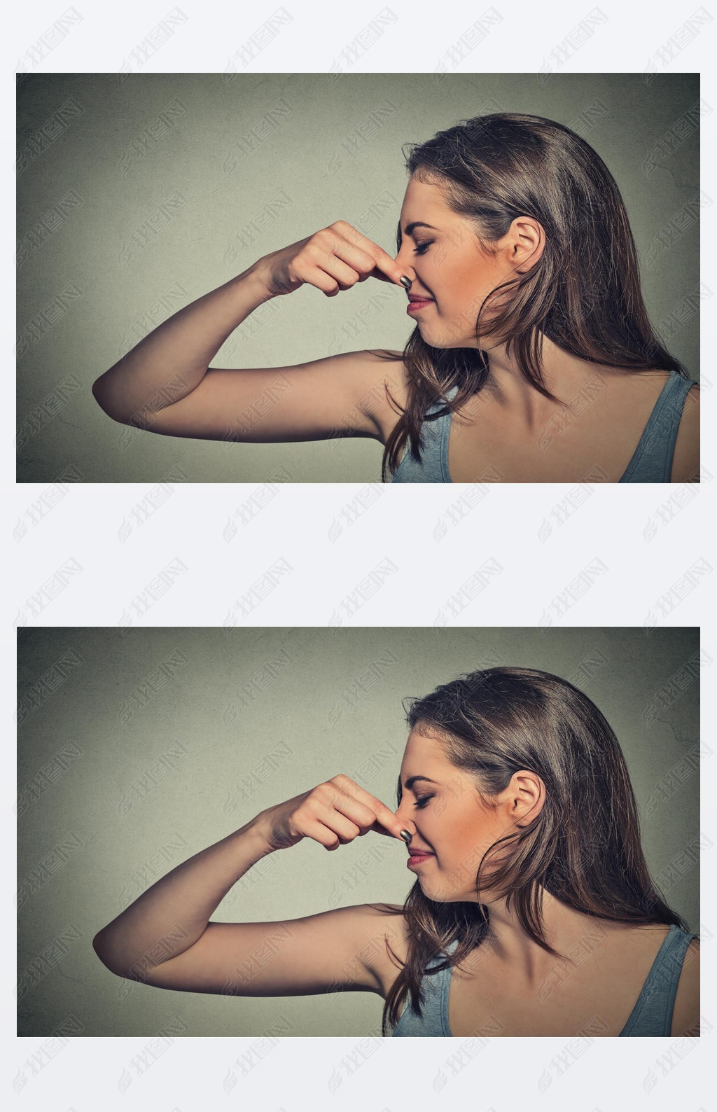 woman pinches nose with fingers looks with disgust away something stinks