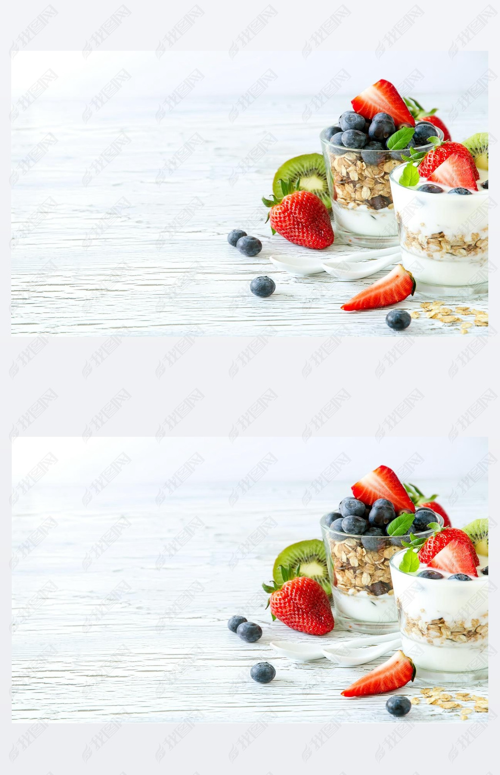 Healthy breakfast with muesli in glass, fresh berries and yogurt