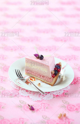 Piece of Red Currant, Rose and Lychee Mousse Cake