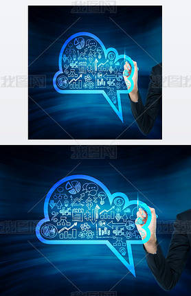 A woman's hand is drawing a cloud with business icons on the glass screen. A concept of new digital 