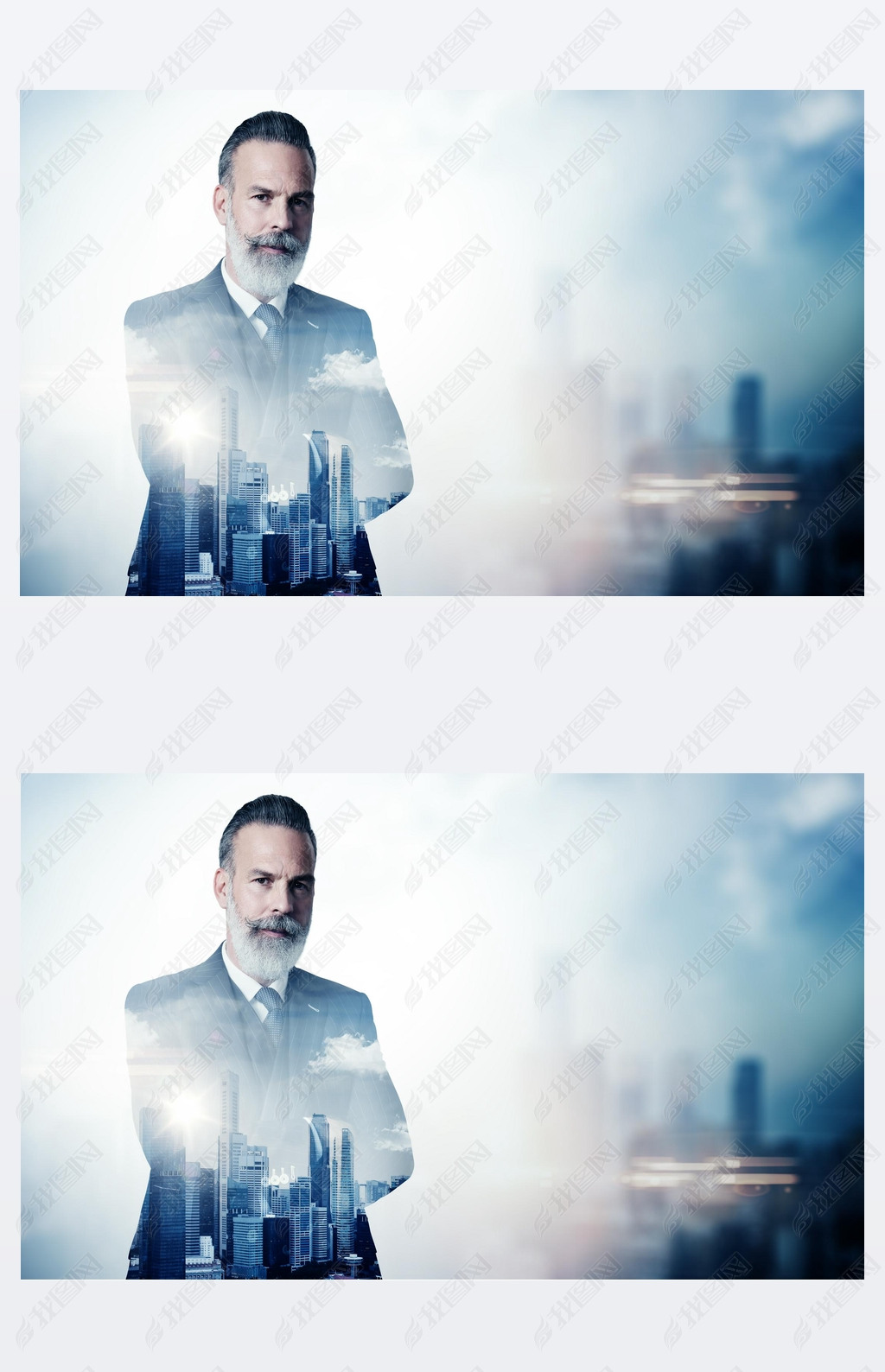 Portrait of bearded businesan in suit and double exposure city on the background. Horizontal