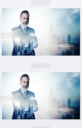 Portrait of bearded businesan in suit and double exposure city on the background. Horizontal